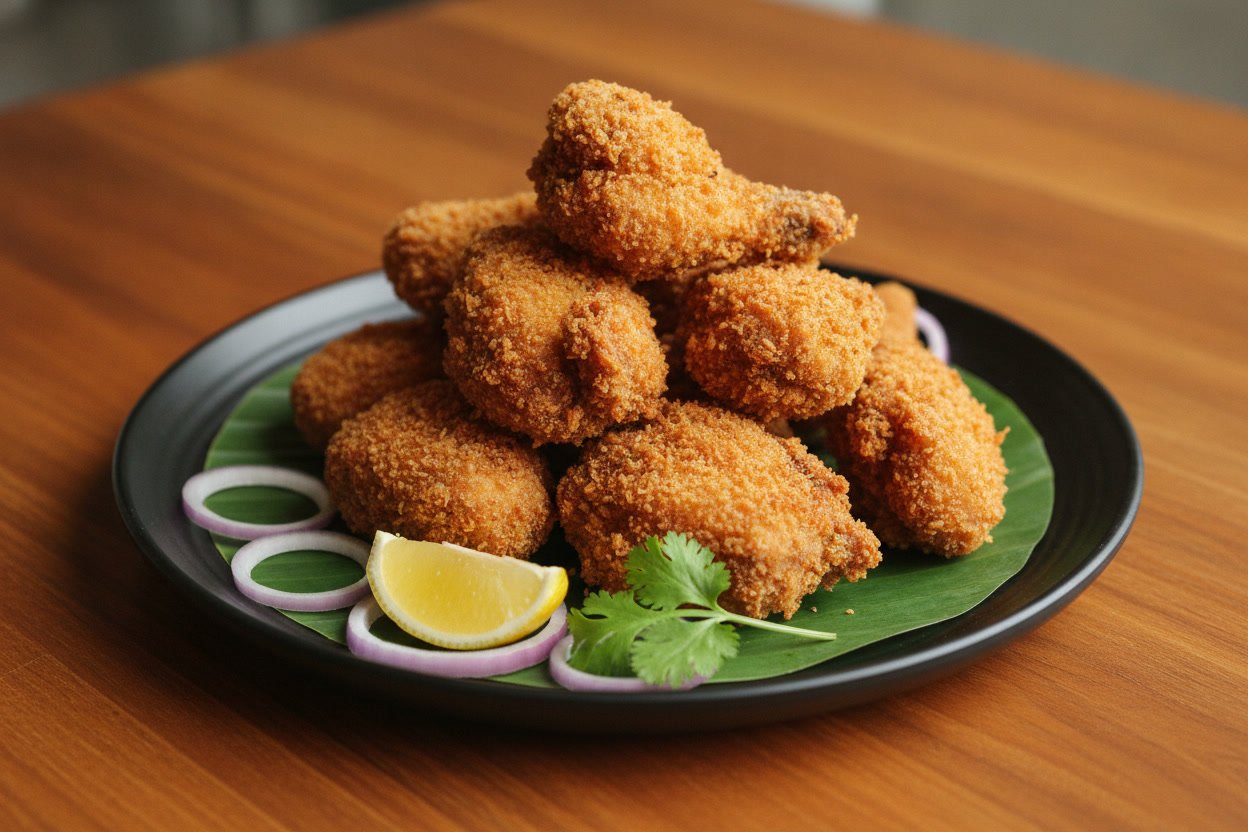 Crisp crumb-fried chicken on a banana leaf with onion rings, lemon and coriander