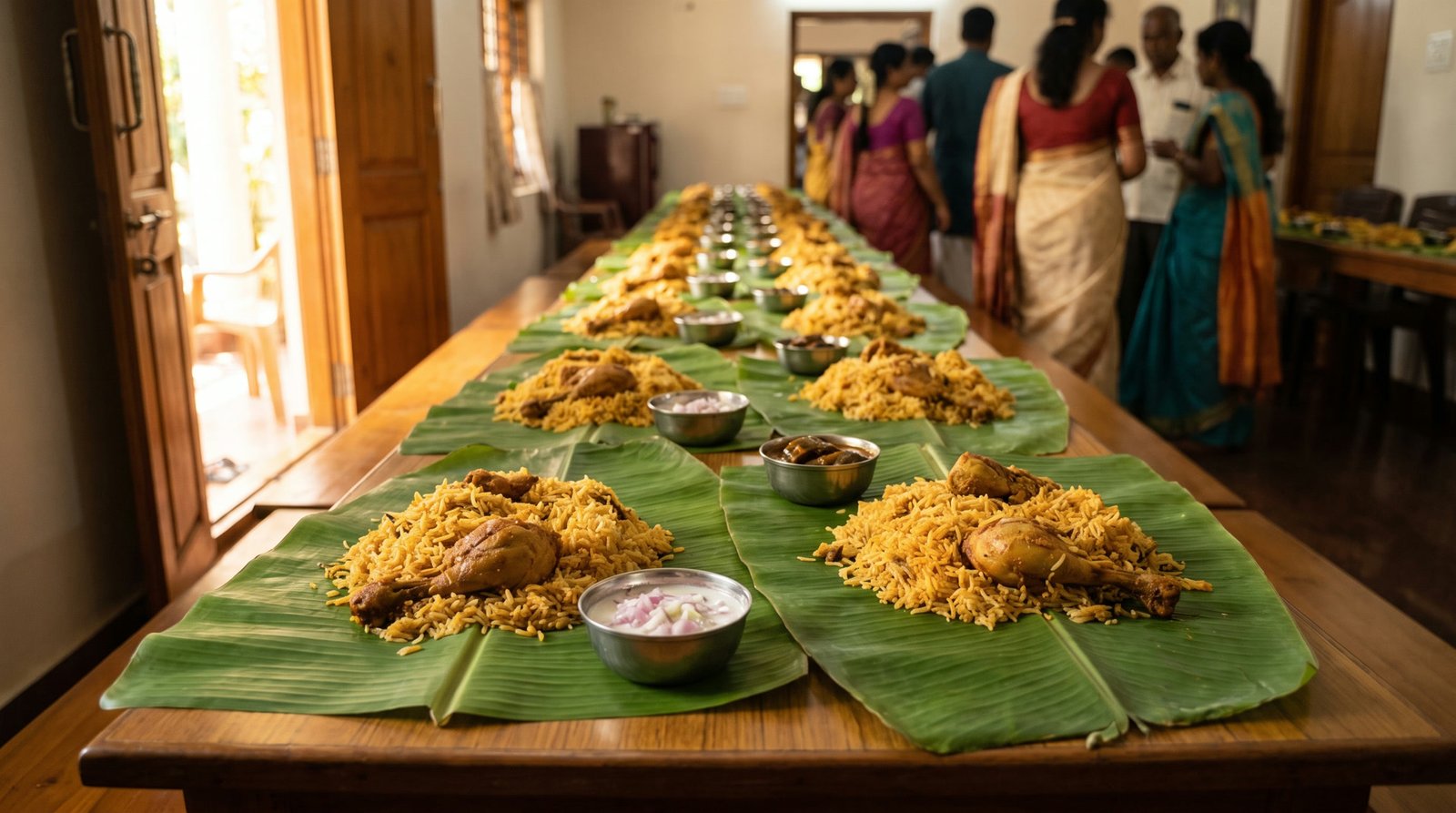 A family function at home, banana leaves along a wooden table with biriyani served in a heap on each and a whole chicken leg resting on the rice